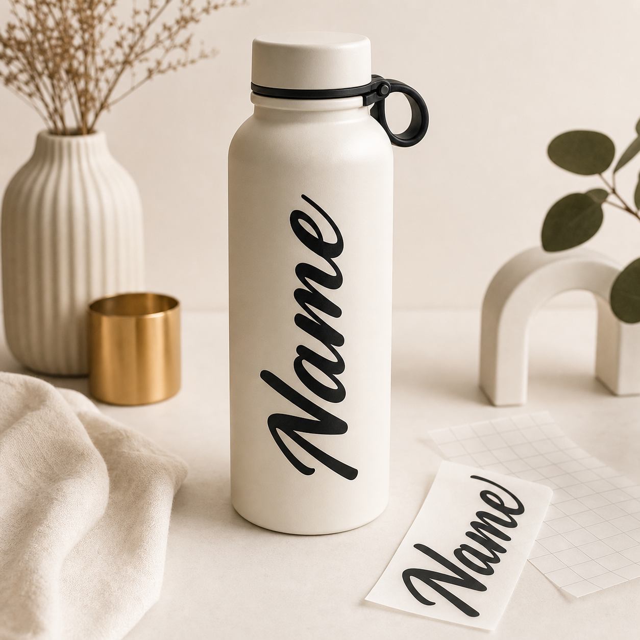 Custom name vinyl decal on a premium bottle