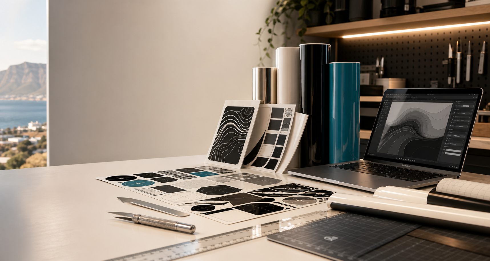 Premium custom vinyl products arranged in a studio